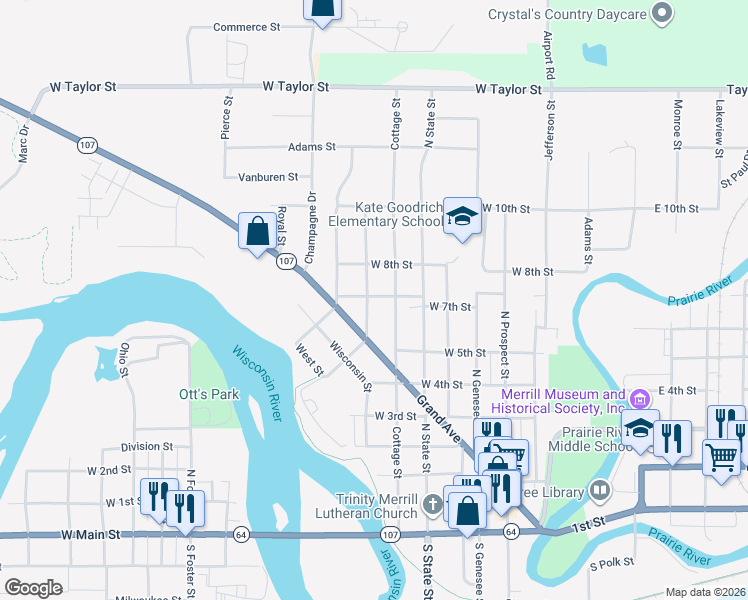 map of restaurants, bars, coffee shops, grocery stores, and more near 618 Cottage Street in Merrill