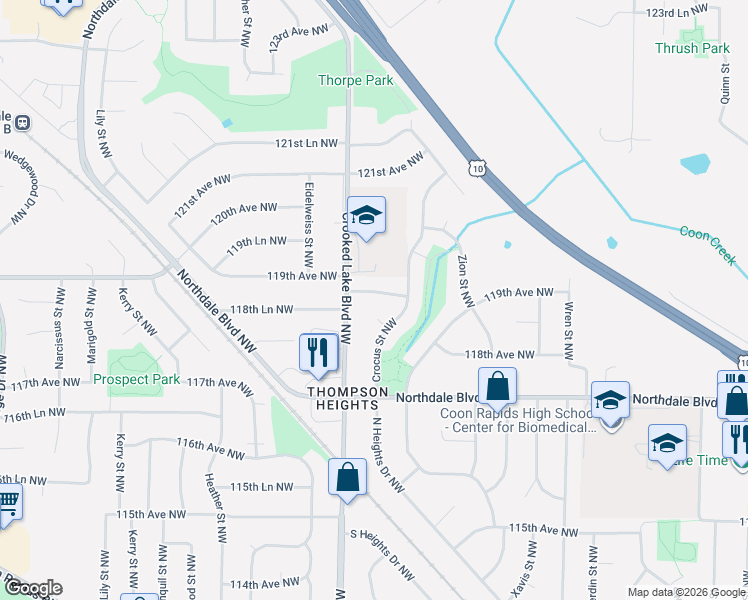 map of restaurants, bars, coffee shops, grocery stores, and more near 2708 119th Avenue Northwest in Coon Rapids