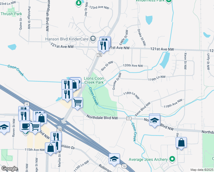 map of restaurants, bars, coffee shops, grocery stores, and more near 1648 119th Avenue Northwest in Minneapolis