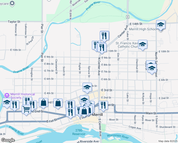 map of restaurants, bars, coffee shops, grocery stores, and more near East 7th Street in Merrill