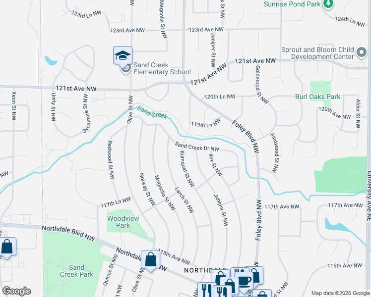 map of restaurants, bars, coffee shops, grocery stores, and more near 11897 Kumquat Street Northwest in Minneapolis