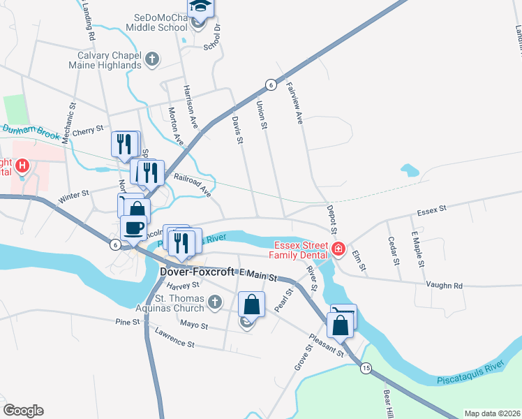map of restaurants, bars, coffee shops, grocery stores, and more near 102 Lincoln Street in Dover-Foxcroft