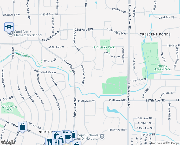 map of restaurants, bars, coffee shops, grocery stores, and more near 11880 Evergreen Circle Northwest in Minneapolis