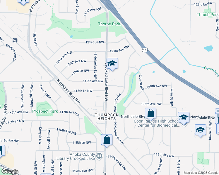 map of restaurants, bars, coffee shops, grocery stores, and more near 11841 Crooked Lake Boulevard Northwest in Coon Rapids