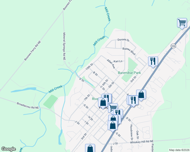 map of restaurants, bars, coffee shops, grocery stores, and more near 2276 B Street in Hubbard