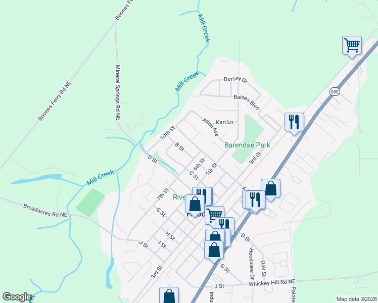 map of restaurants, bars, coffee shops, grocery stores, and more near 2296 B Street in Hubbard