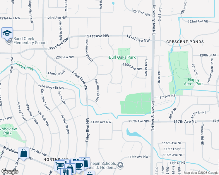 map of restaurants, bars, coffee shops, grocery stores, and more near 11880 Evergreen Circle Northwest in Minneapolis