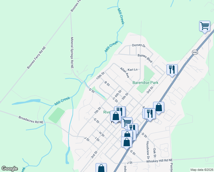 map of restaurants, bars, coffee shops, grocery stores, and more near 2296 B Street in Hubbard