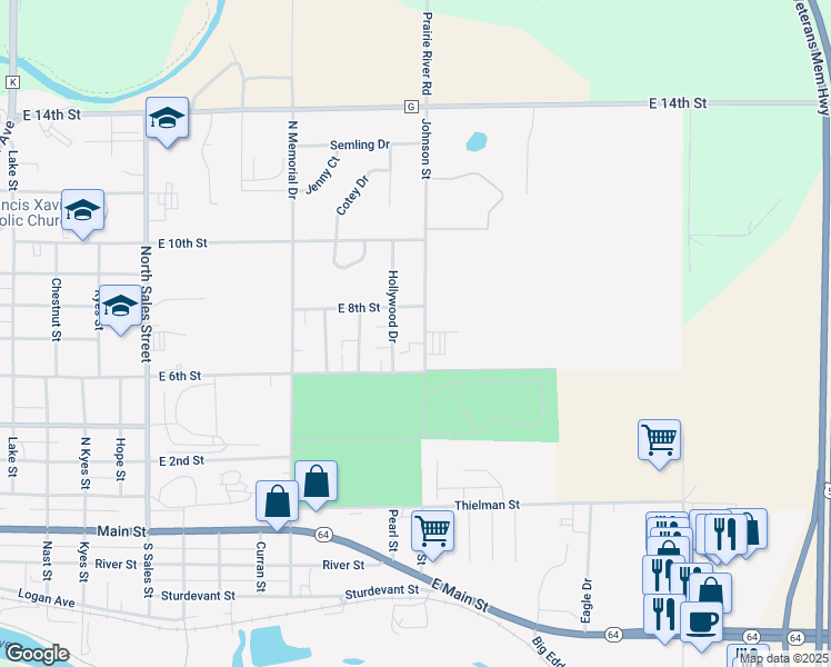 map of restaurants, bars, coffee shops, grocery stores, and more near 604 Johnson Street in Merrill