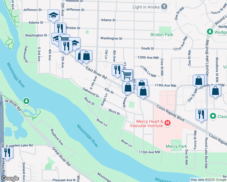 map of restaurants, bars, coffee shops, grocery stores, and more near 813 Elm Street in Anoka