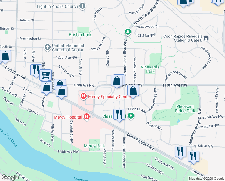 map of restaurants, bars, coffee shops, grocery stores, and more near 11884 Round Lake Boulevard Northwest in Coon Rapids