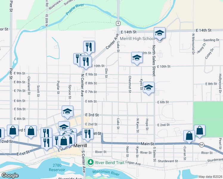 map of restaurants, bars, coffee shops, grocery stores, and more near 1404 East 7th Street in Merrill
