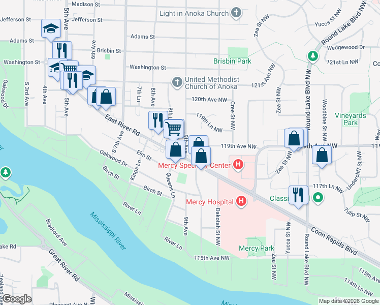map of restaurants, bars, coffee shops, grocery stores, and more near 4167 Coon Rapids Boulevard Northwest in Coon Rapids