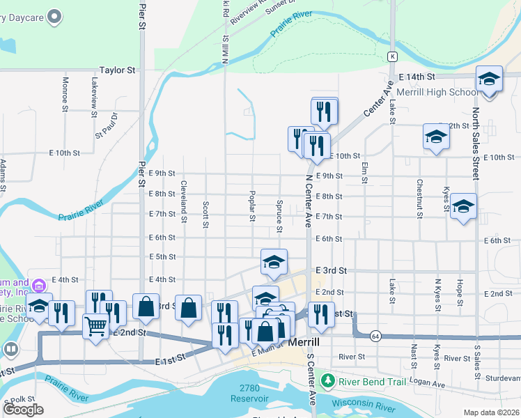 map of restaurants, bars, coffee shops, grocery stores, and more near 611 Poplar Street in Merrill
