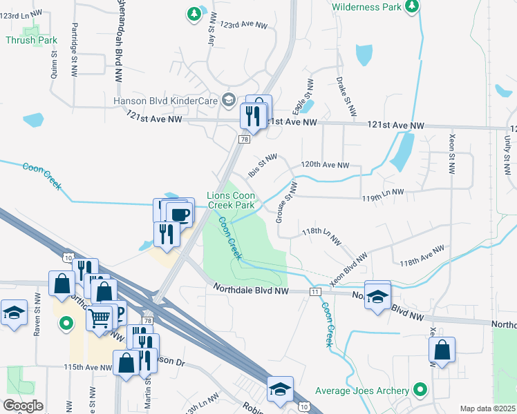 map of restaurants, bars, coffee shops, grocery stores, and more near 1648 119th Avenue Northwest in Minneapolis