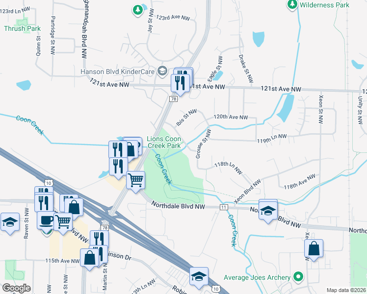 map of restaurants, bars, coffee shops, grocery stores, and more near 1648 119th Avenue Northwest in Minneapolis