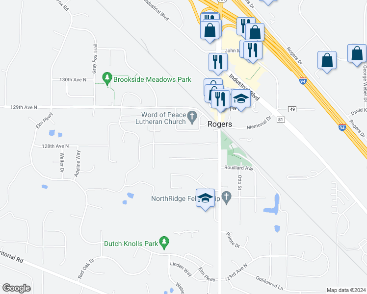 map of restaurants, bars, coffee shops, grocery stores, and more near 21701 Rouillard Boulevard in Rogers