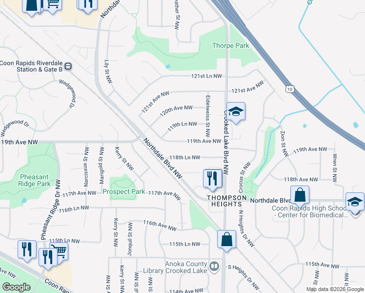 map of restaurants, bars, coffee shops, grocery stores, and more near 2941 118th Lane Northwest in Coon Rapids