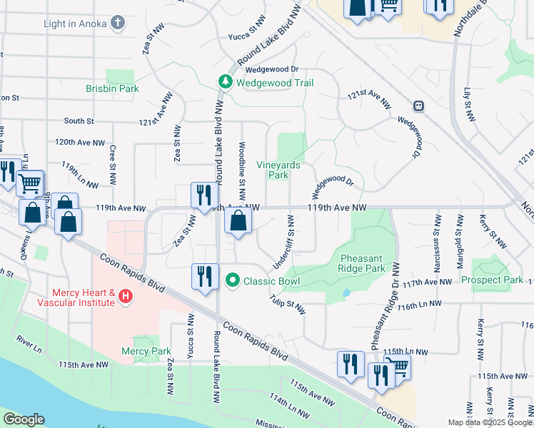 map of restaurants, bars, coffee shops, grocery stores, and more near 3668 118th Lane Northwest in Coon Rapids