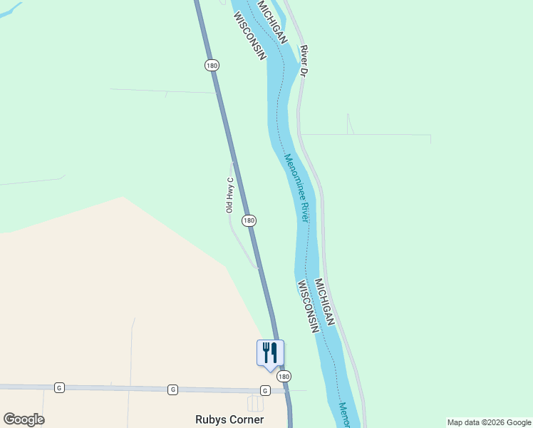 map of restaurants, bars, coffee shops, grocery stores, and more near N6294 State Highway 180 in Marinette