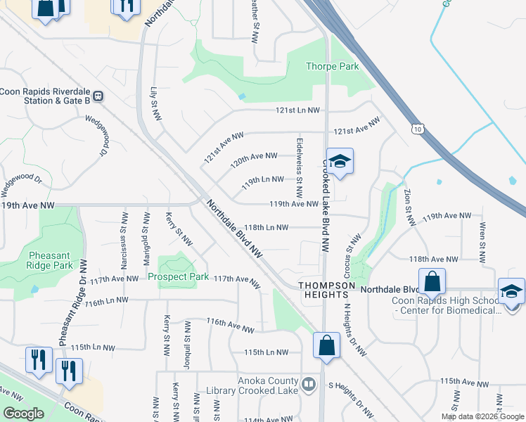 map of restaurants, bars, coffee shops, grocery stores, and more near 2941 118th Lane Northwest in Coon Rapids