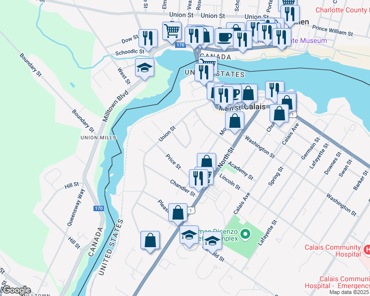 map of restaurants, bars, coffee shops, grocery stores, and more near 15 Carver Street in Calais