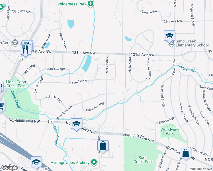 map of restaurants, bars, coffee shops, grocery stores, and more near 11880 Xeon Boulevard Northwest in Minneapolis