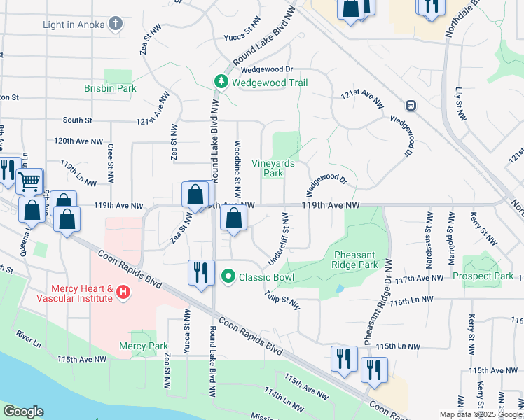 map of restaurants, bars, coffee shops, grocery stores, and more near 3668 118th Lane Northwest in Coon Rapids