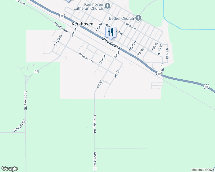 map of restaurants, bars, coffee shops, grocery stores, and more near 410 8th Street in Kerkhoven