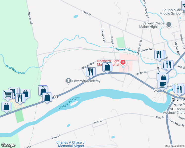 map of restaurants, bars, coffee shops, grocery stores, and more near 947 West Main Street in Dover-Foxcroft