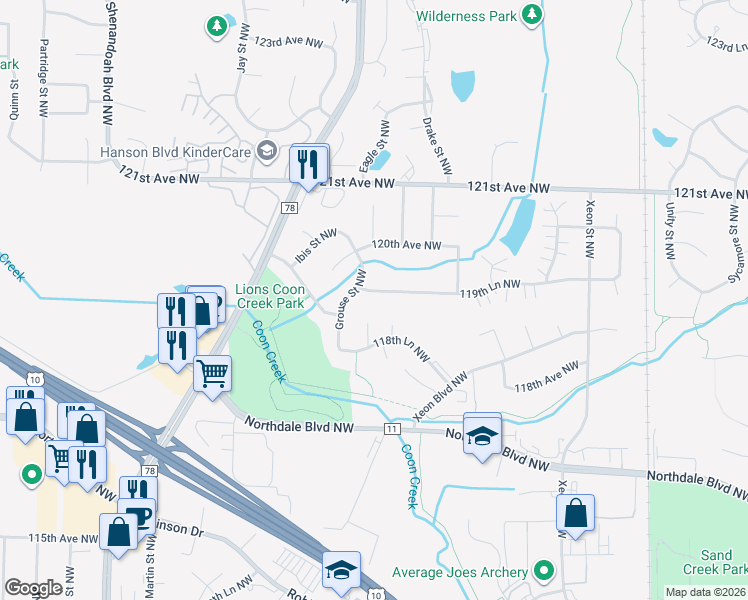 map of restaurants, bars, coffee shops, grocery stores, and more near 1531 118th Lane Northwest in Minneapolis