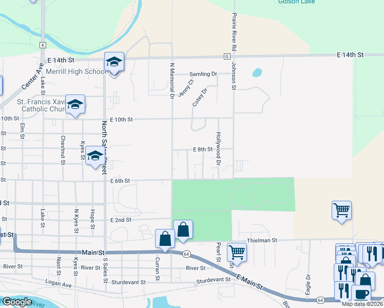 map of restaurants, bars, coffee shops, grocery stores, and more near 600 Woodbine Drive in Merrill