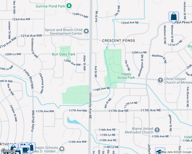 map of restaurants, bars, coffee shops, grocery stores, and more near 11824 3rd Street Northeast in Blaine
