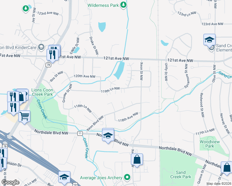 map of restaurants, bars, coffee shops, grocery stores, and more near 11872 Zilla Street Northwest in Minneapolis