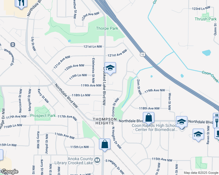 map of restaurants, bars, coffee shops, grocery stores, and more near 11841 Crooked Lake Boulevard Northwest in Coon Rapids