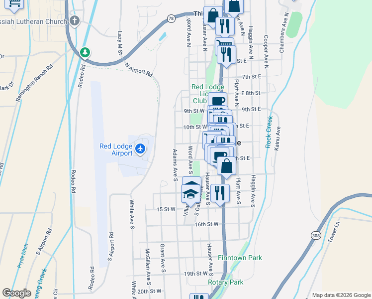 map of restaurants, bars, coffee shops, grocery stores, and more near 7 Word Avenue North in Red Lodge