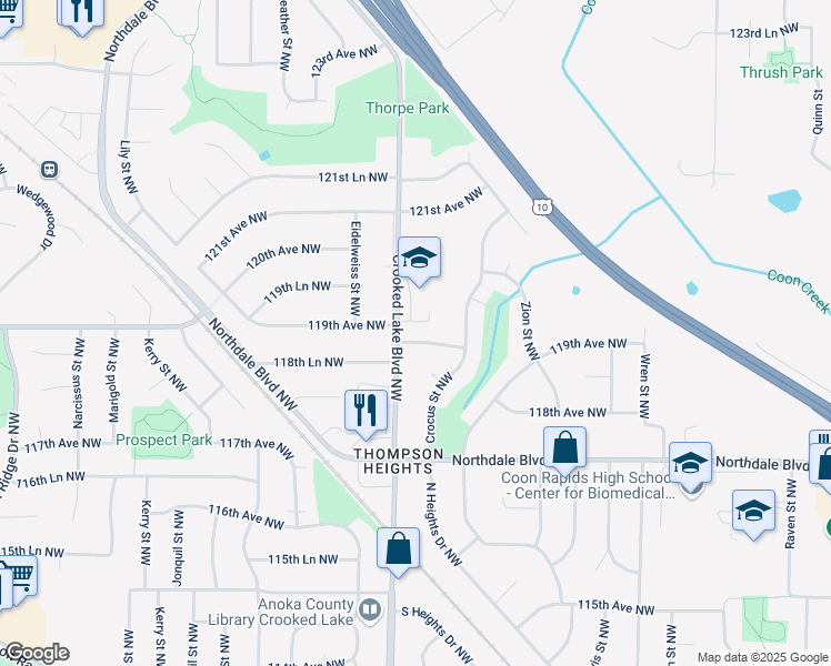 map of restaurants, bars, coffee shops, grocery stores, and more near 11841 Crooked Lake Boulevard Northwest in Coon Rapids