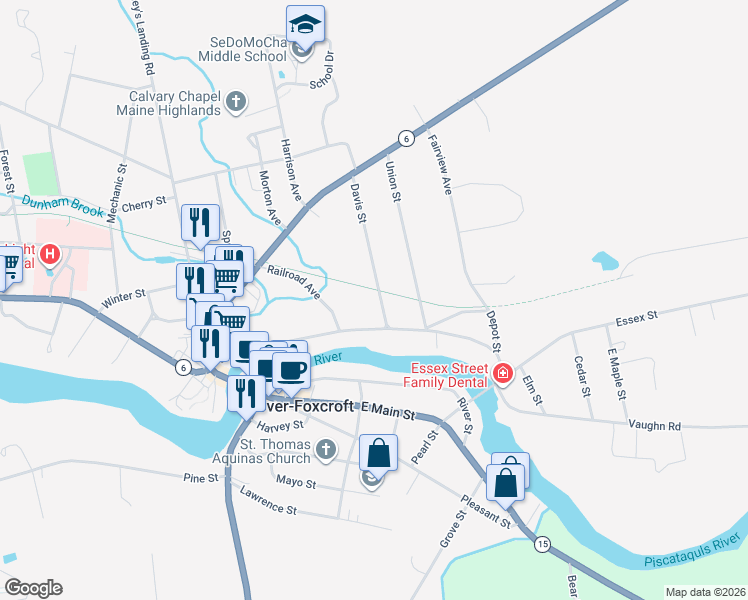 map of restaurants, bars, coffee shops, grocery stores, and more near 102 Lincoln Street in Dover-Foxcroft