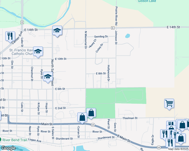 map of restaurants, bars, coffee shops, grocery stores, and more near 600 Woodbine Drive in Merrill