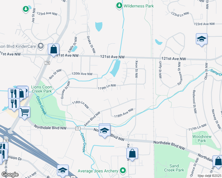 map of restaurants, bars, coffee shops, grocery stores, and more near 11872 Zilla Street Northwest in Minneapolis