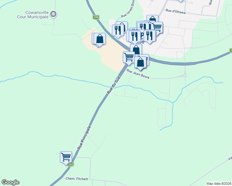 map of restaurants, bars, coffee shops, grocery stores, and more near 81 Rue Janine-Sutto in Cowansville
