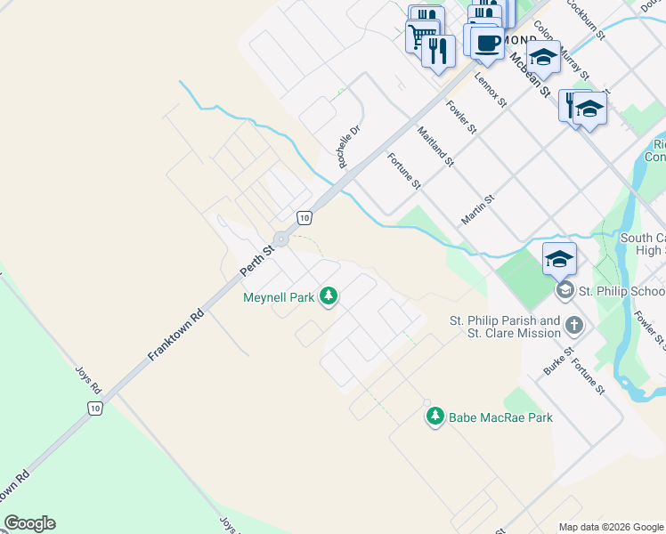 map of restaurants, bars, coffee shops, grocery stores, and more near 94 Cantle Crescent in Ottawa