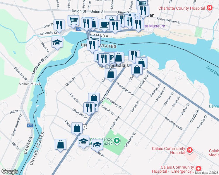 map of restaurants, bars, coffee shops, grocery stores, and more near 119 North Street in Calais