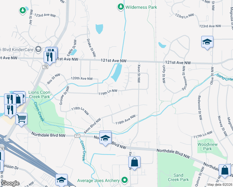 map of restaurants, bars, coffee shops, grocery stores, and more near 11872 Zilla Street Northwest in Minneapolis
