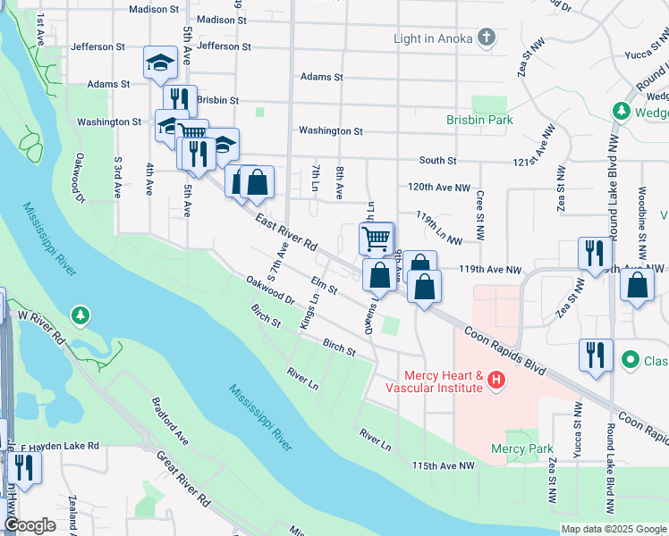 map of restaurants, bars, coffee shops, grocery stores, and more near 813 Elm Street in Anoka