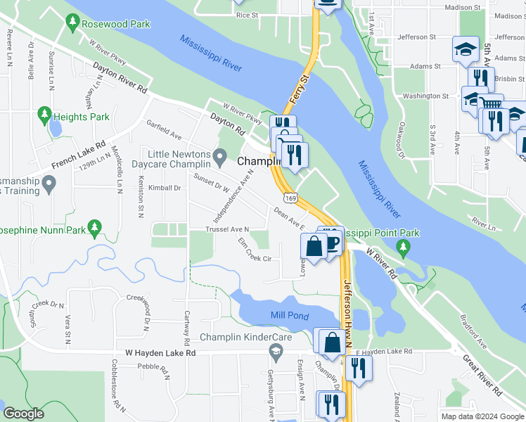 map of restaurants, bars, coffee shops, grocery stores, and more near 28 Trussel Avenue North in Champlin