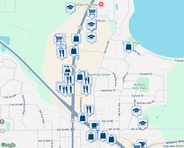 map of restaurants, bars, coffee shops, grocery stores, and more near 104 14th Street Northeast in Buffalo