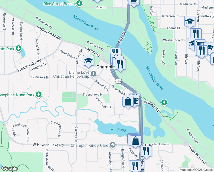 map of restaurants, bars, coffee shops, grocery stores, and more near 21 Dean Avenue West in Champlin