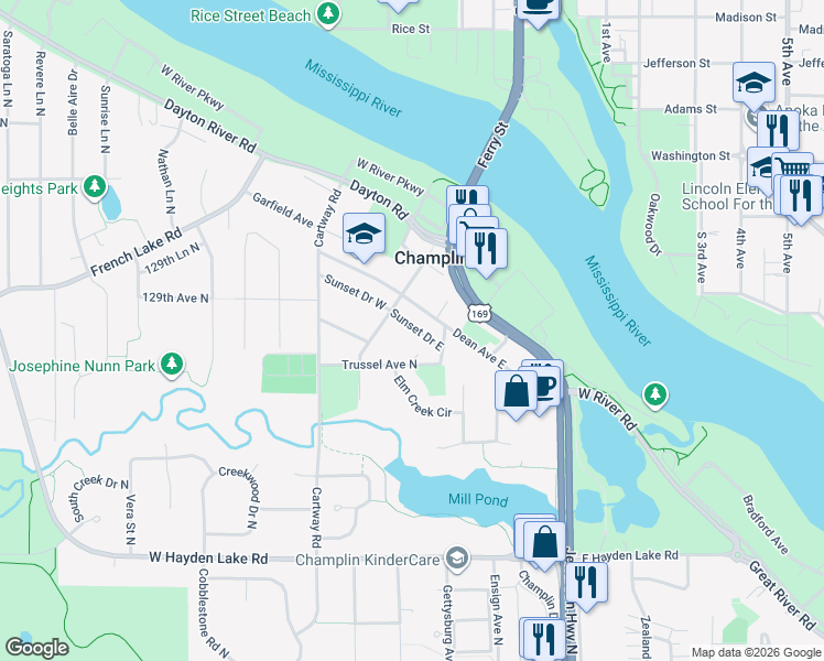 map of restaurants, bars, coffee shops, grocery stores, and more near 20 Sunset Drive East in Champlin