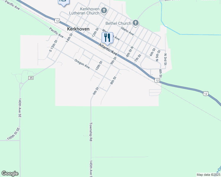 map of restaurants, bars, coffee shops, grocery stores, and more near 410 8th Street in Kerkhoven